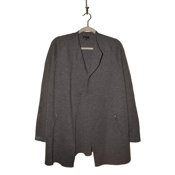 TALBOTS $129 Gray Merino Wool‎ Draped Open Cardigan Zip Pockets Medium - Picture 1 of 3
